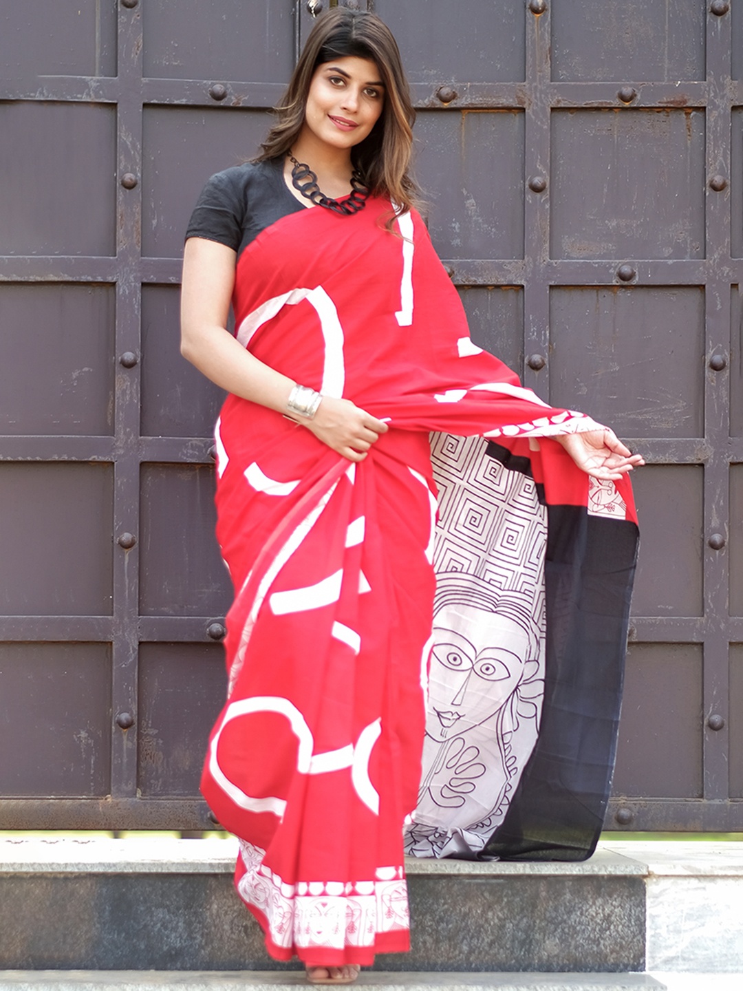 

Sanganeri Print Kalamkari Pure Cotton Block Printed Saree, Red