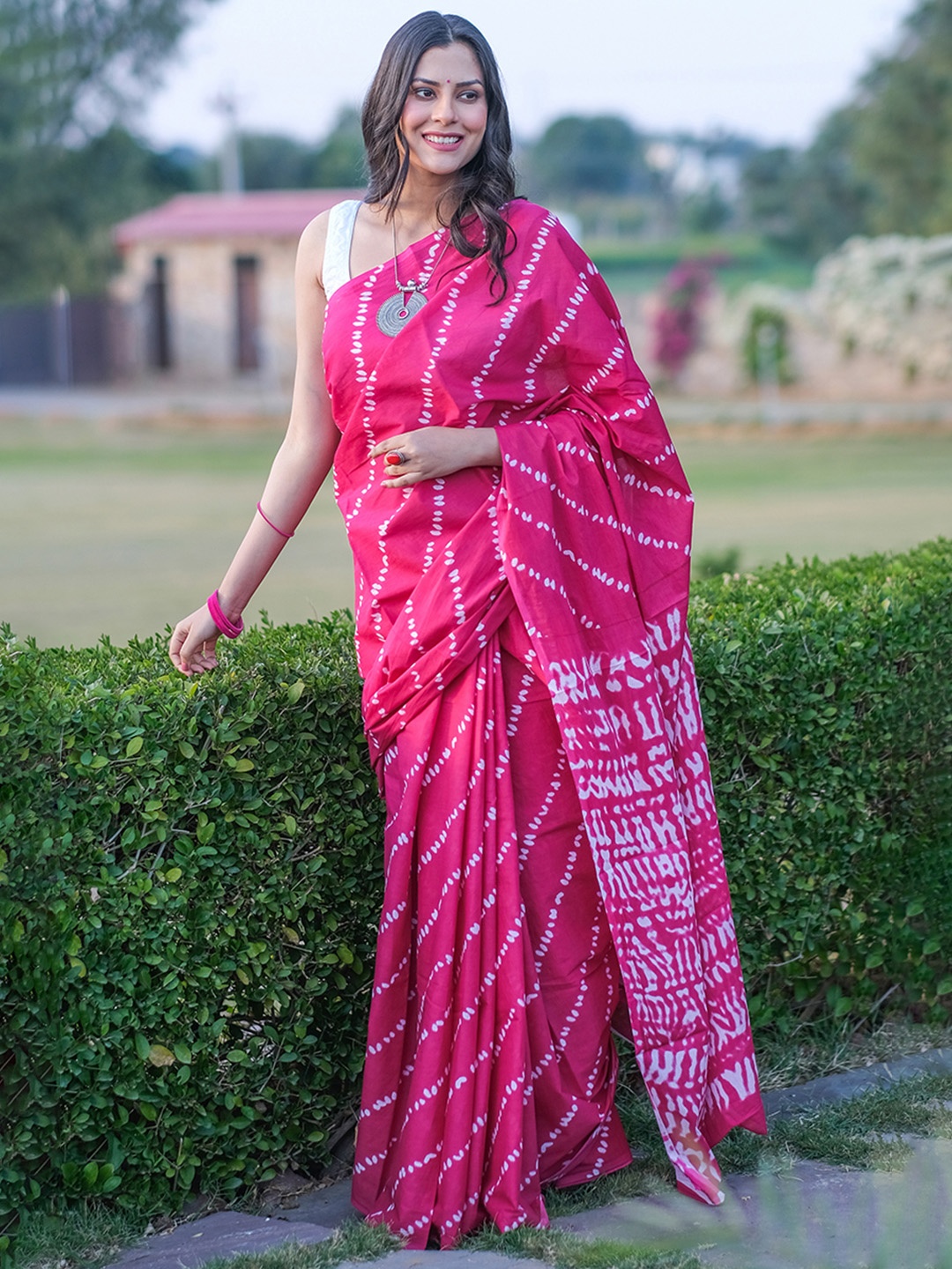 

Sanganeri PrintED Leheriya Pure Cotton Saree, Pink