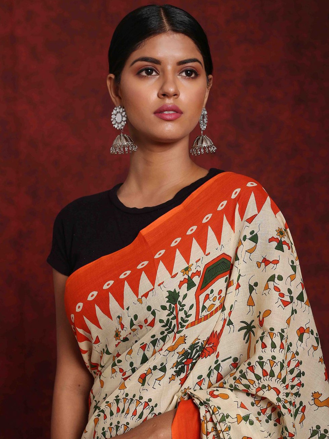 

Sanganeri Print Warli Printed Pure Cotton Saree, Orange