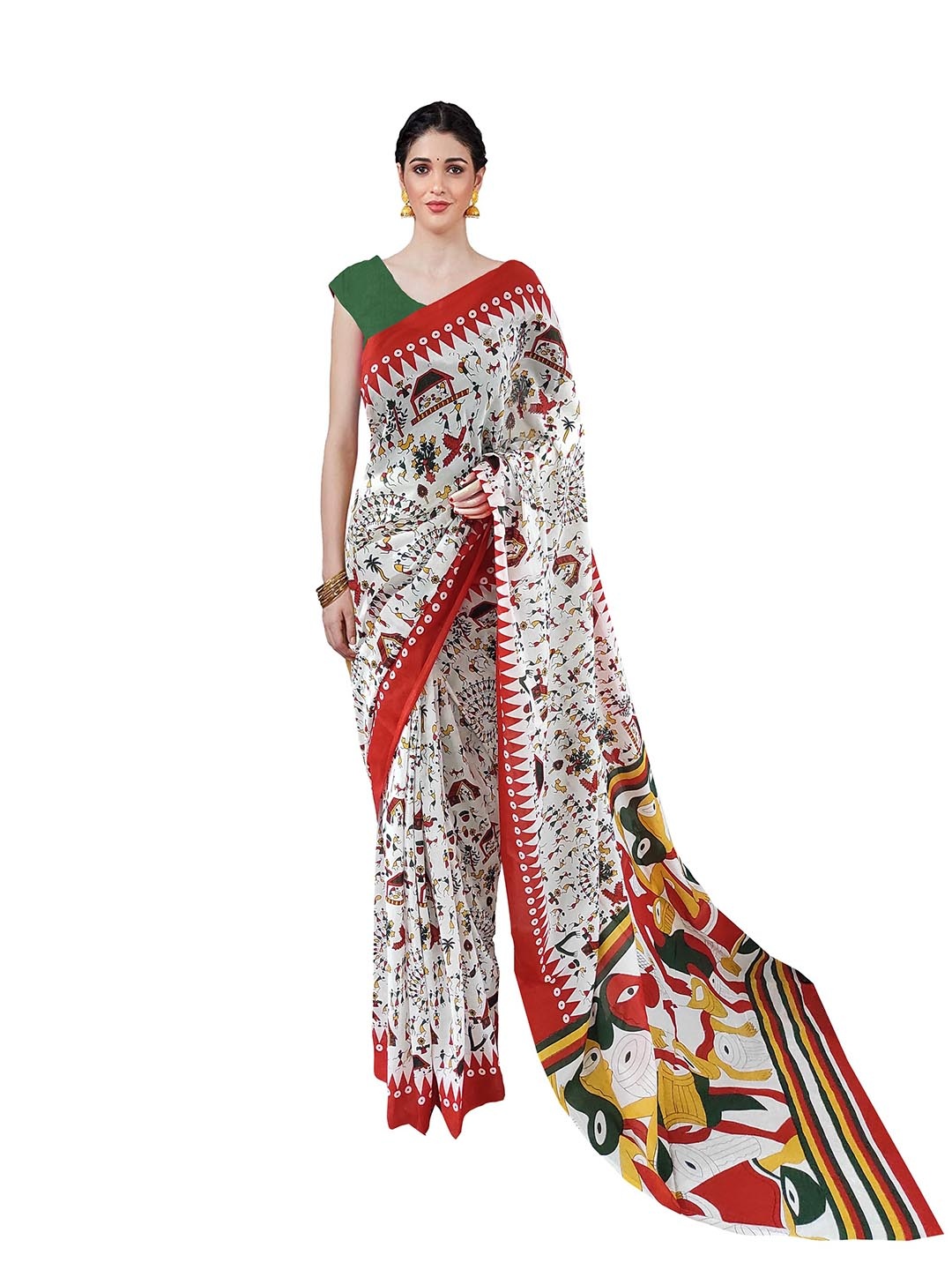 

Sanganeri Print Warli Pure Cotton Block Print Saree, Red