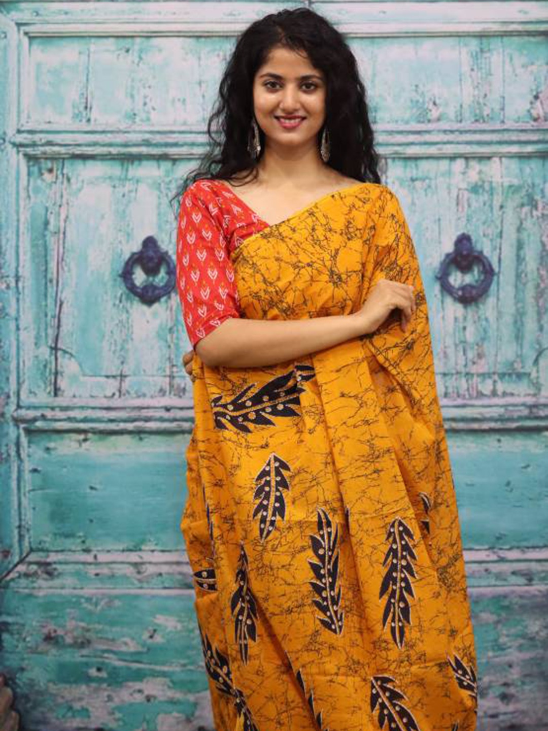 

Sanganeri Print Batik Printed Pure Cotton Bagru Saree, Yellow