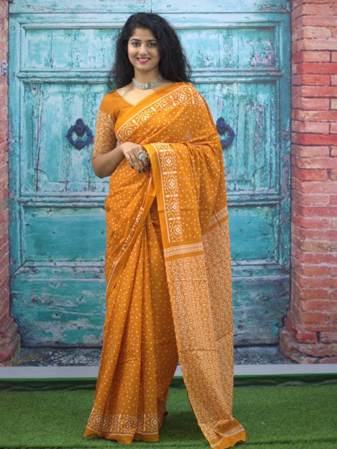 

Sanganeri Print Ethnic Motifs Pure Cotton Bagru Saree, Yellow