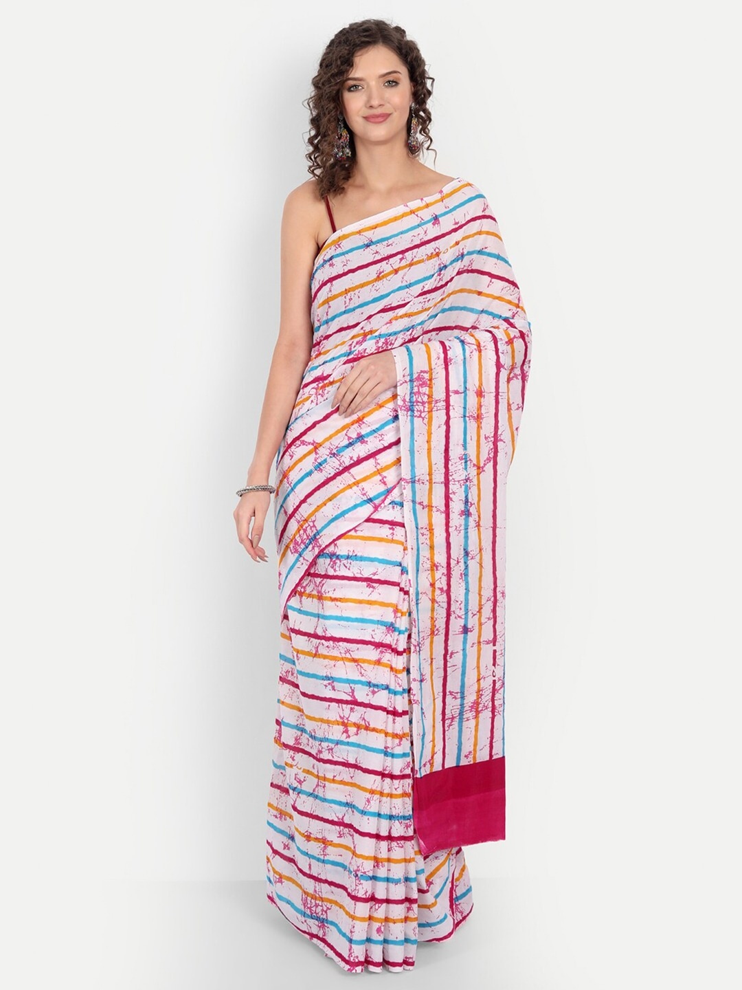 

Sanganeri Print Striped Pure Cotton Ikat Saree, White