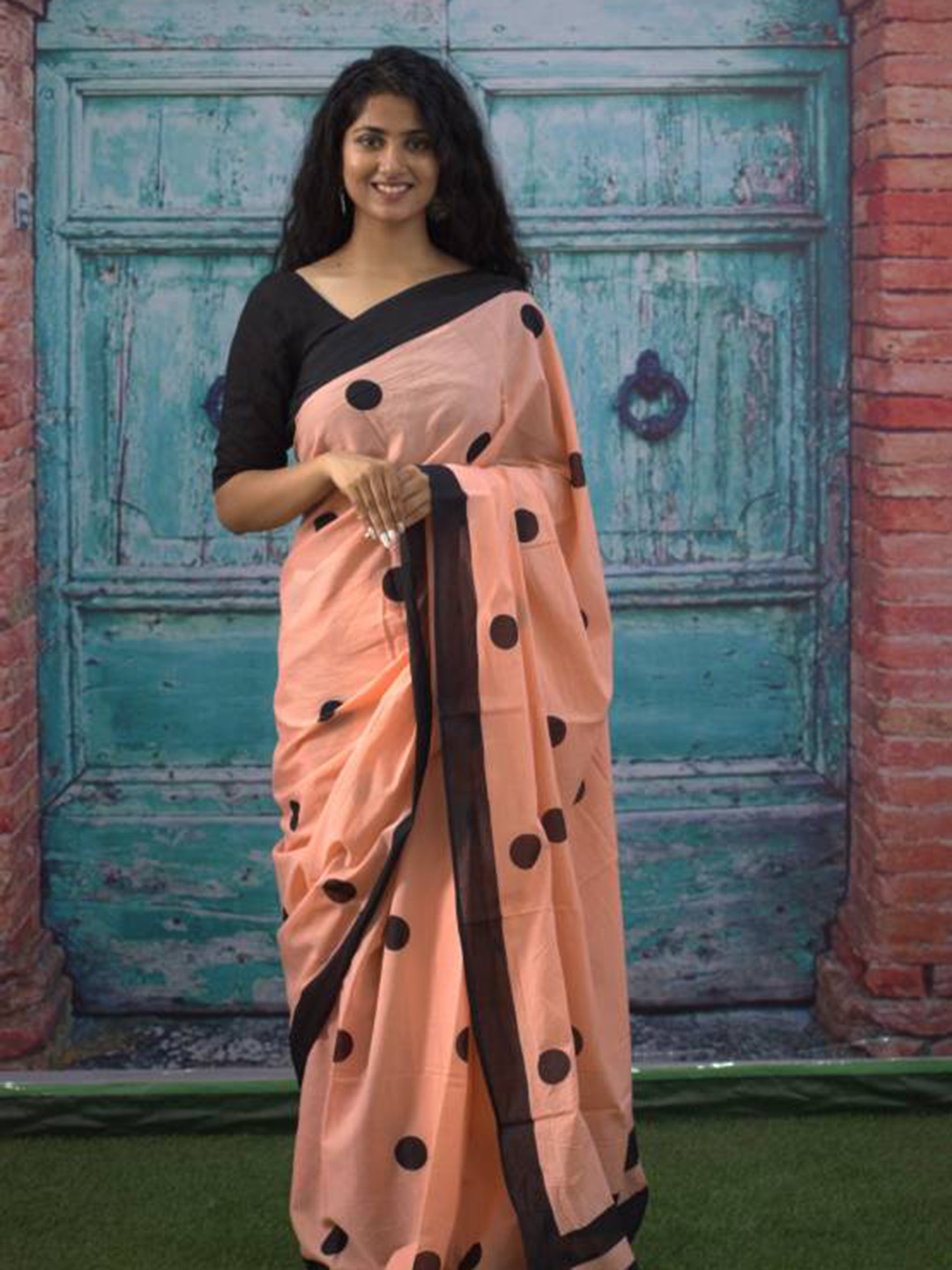 

Sanganeri Print Polka Dot Pure Cotton Bagru Saree, Peach