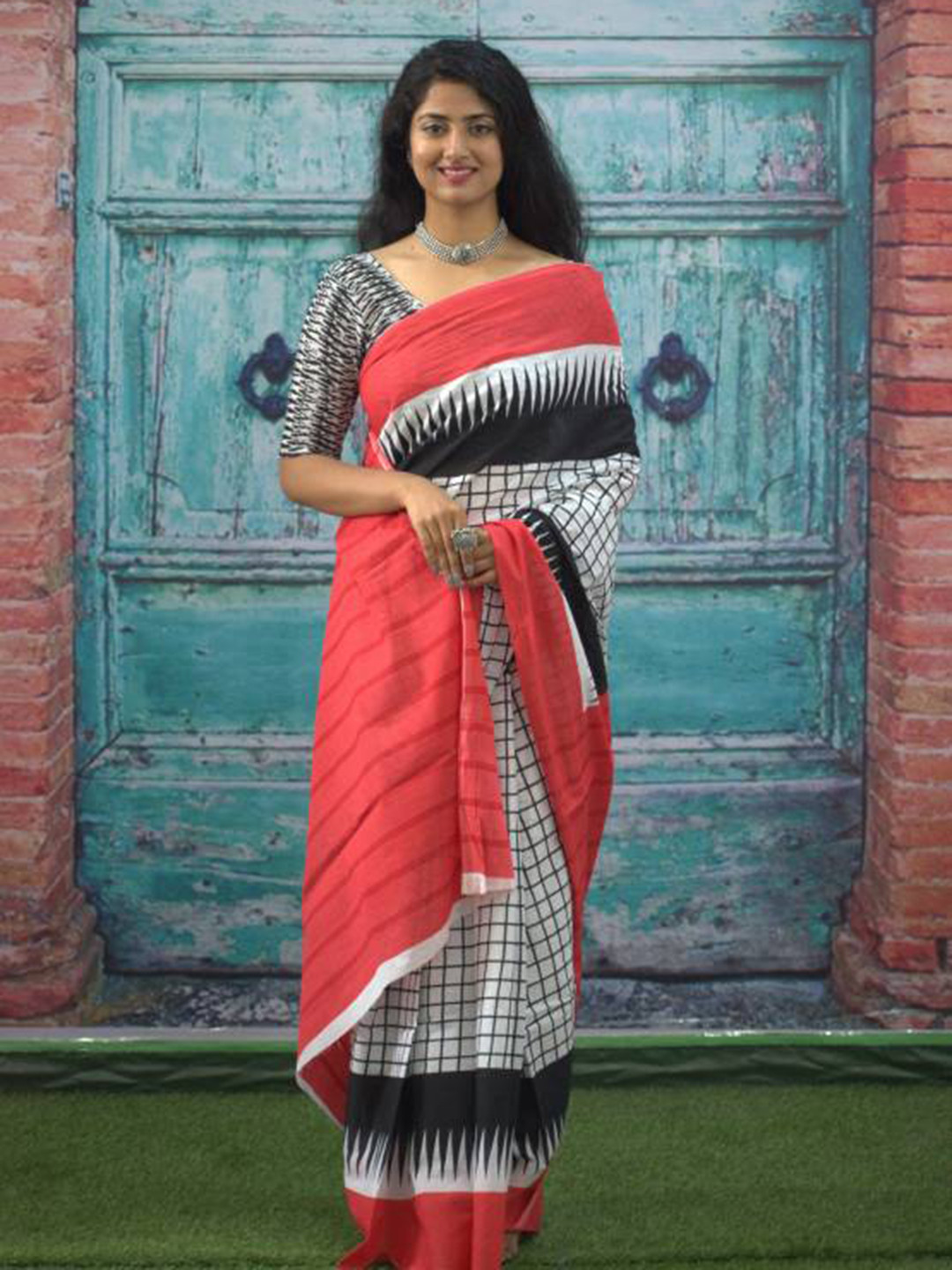 

Sanganeri Print Checked Pure Cotton Saree, Red
