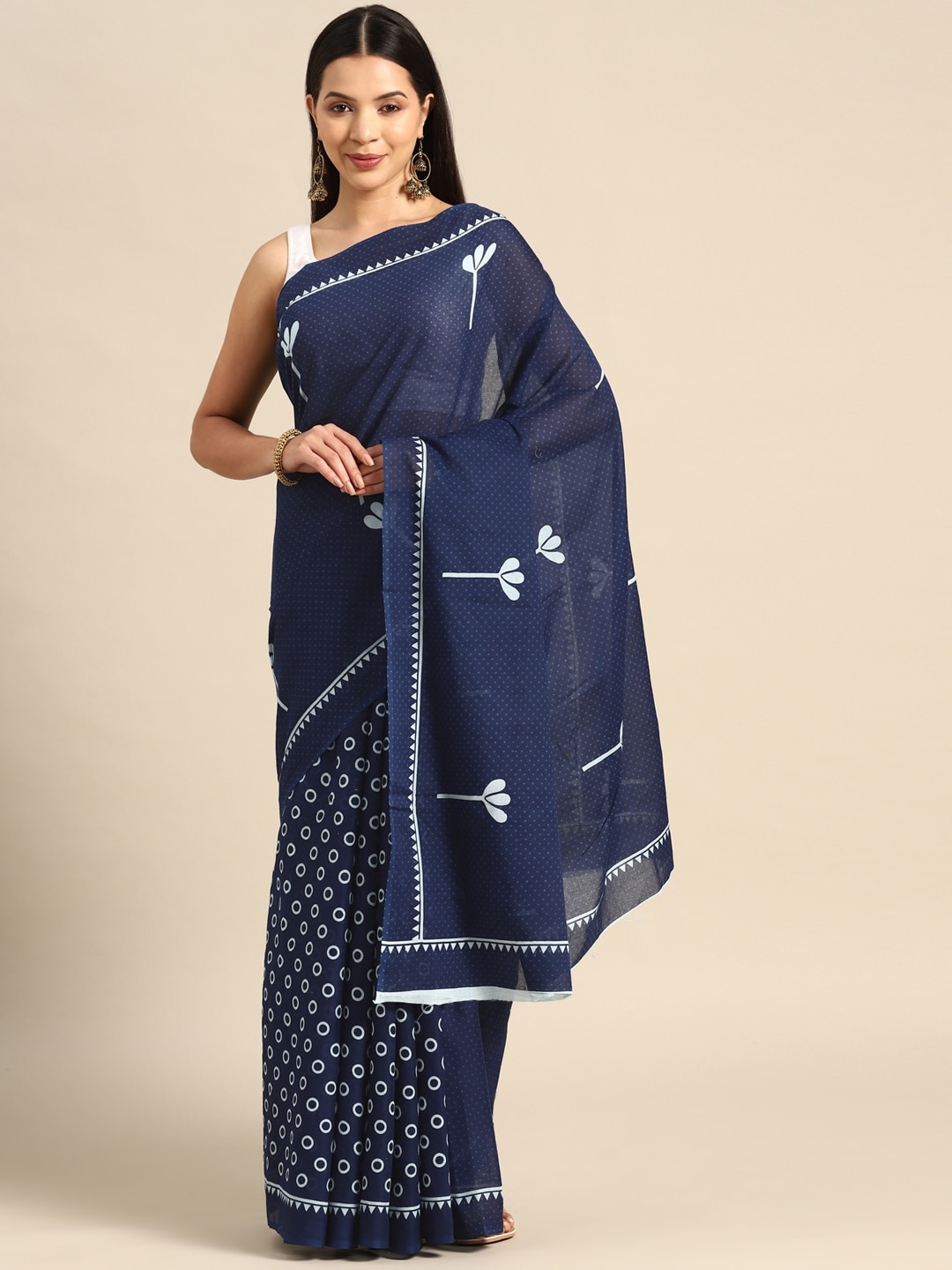 

Sanganeri Print Floral Printed Mulmul Cotton Ikat Saree, Blue