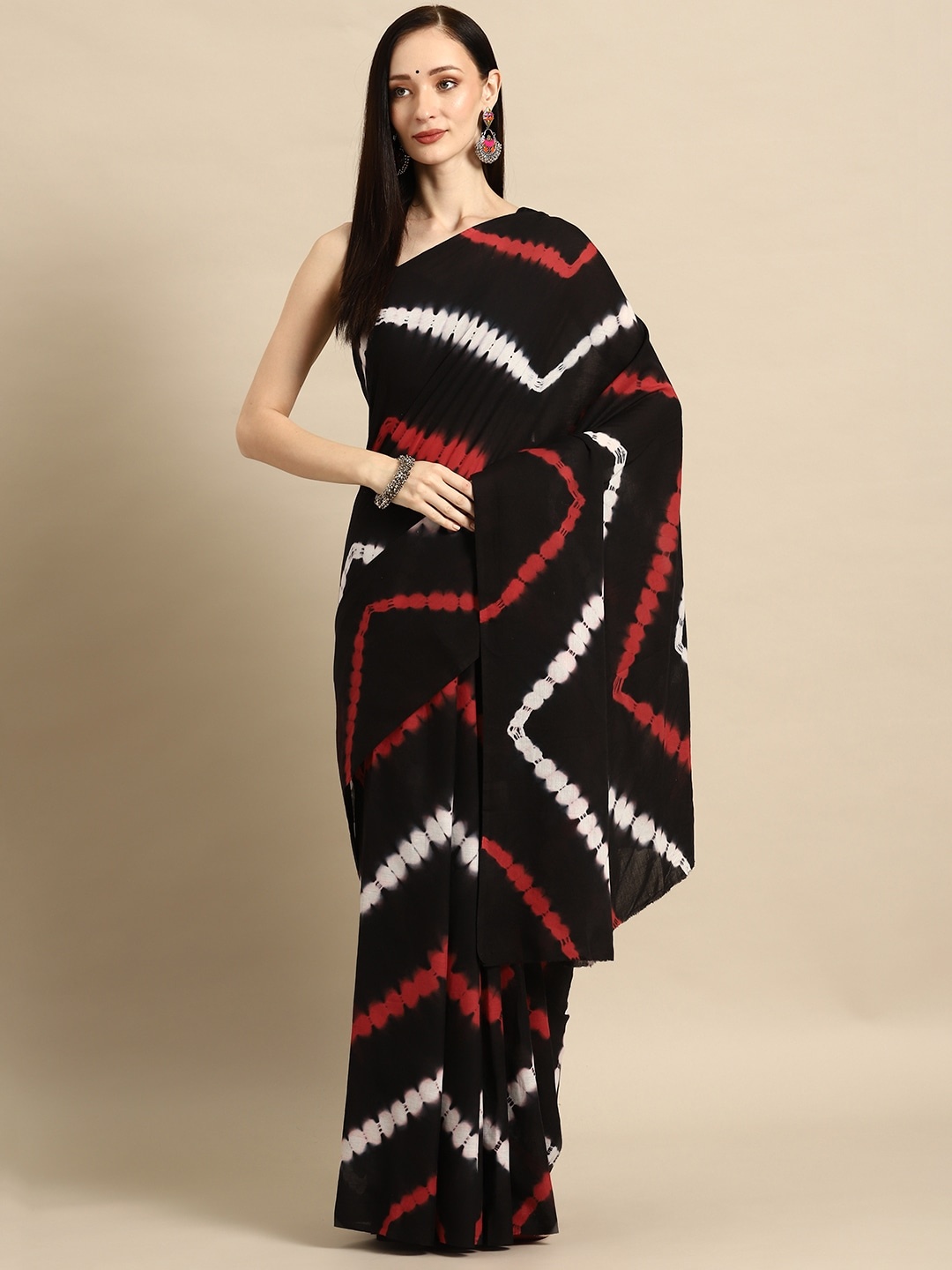 

Sanganeri Print Leheriya Printed Mulmul Cotton Leheriya Saree, Black