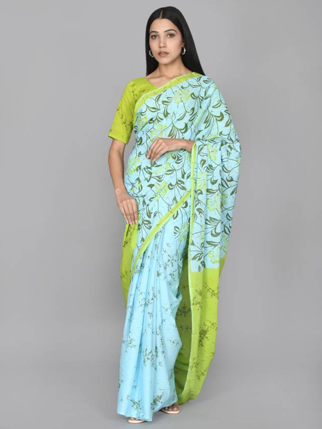 

Sanganeri Print Floral Printed Pure Cotton Bagru Saree, Turquoise blue