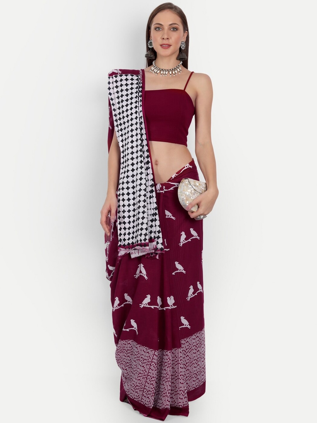 

Sanganeri Print Geometric Print Pure Cotton Saree, Maroon