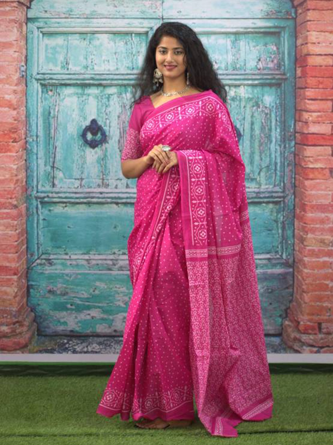 

Sanganeri Print Polka Dot Pure Cotton Bagru Saree, Pink