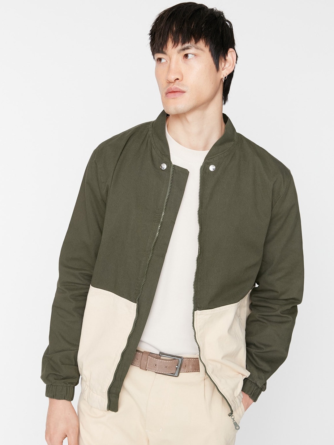 

Trendyol Colourblocked Stand Collar Cotton Bomber Jacket, Beige