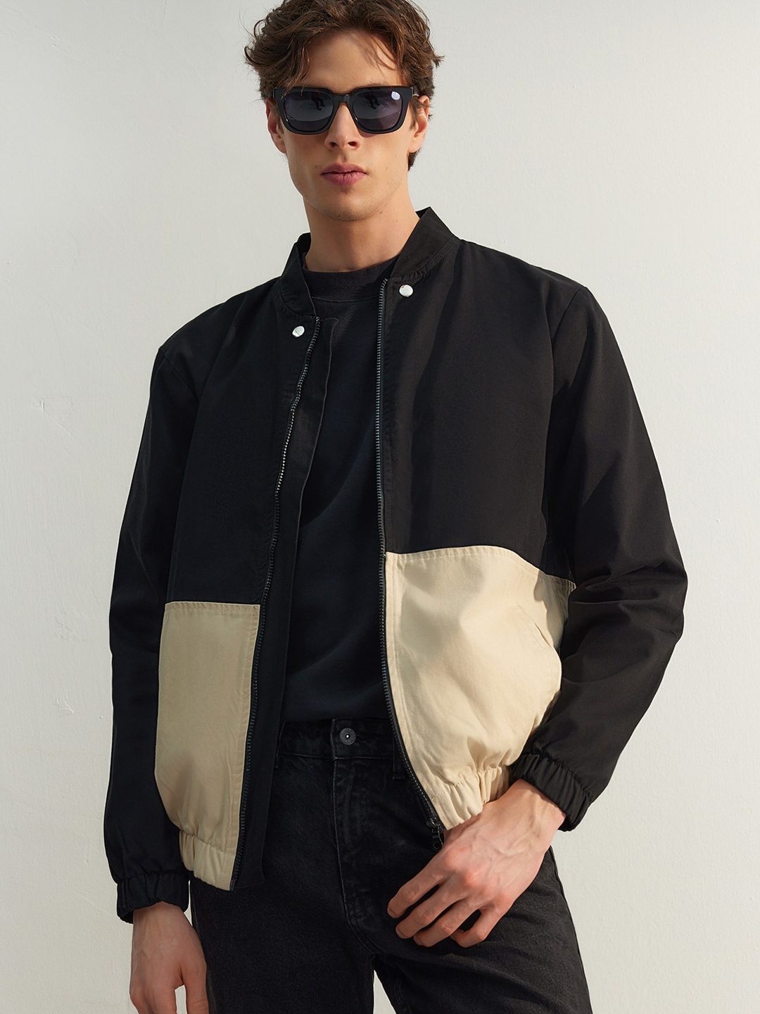 

Trendyol Colourblocked Mock Collar Pure Cotton Bomber Jacket, Na