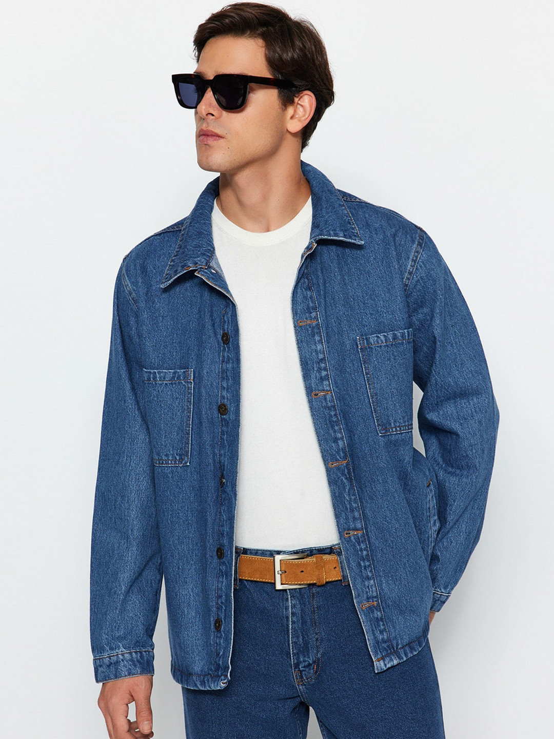 

Trendyol Washed Spread Collar Pure Cotton Denim Jacket, Blue