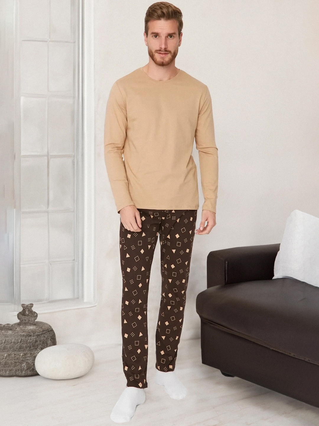 

Trendyol Geometric Printed Pure Cotton Night suit, Cream