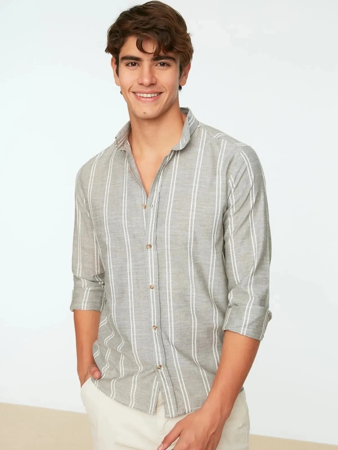 

Trendyol Striped Cotton Casual Shirt, Khaki