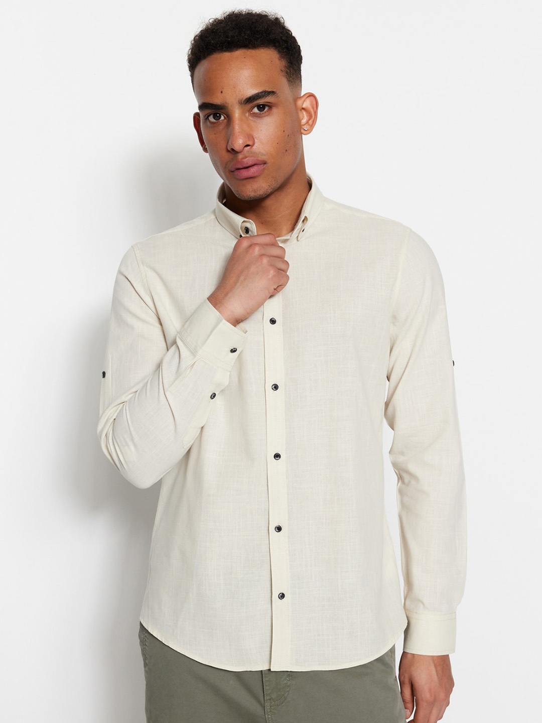 

Trendyol Button Down Collar Opaque Cotton Casual Shirt, Beige