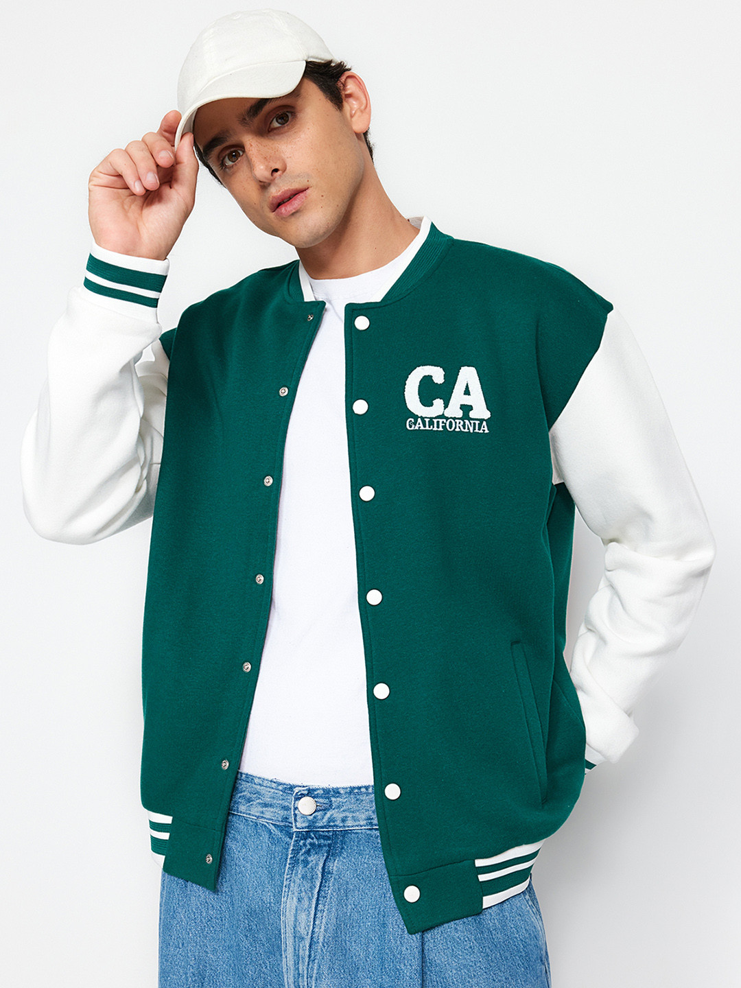 

Trendyol Typography Printed Cotton Varsity Jacket, Green