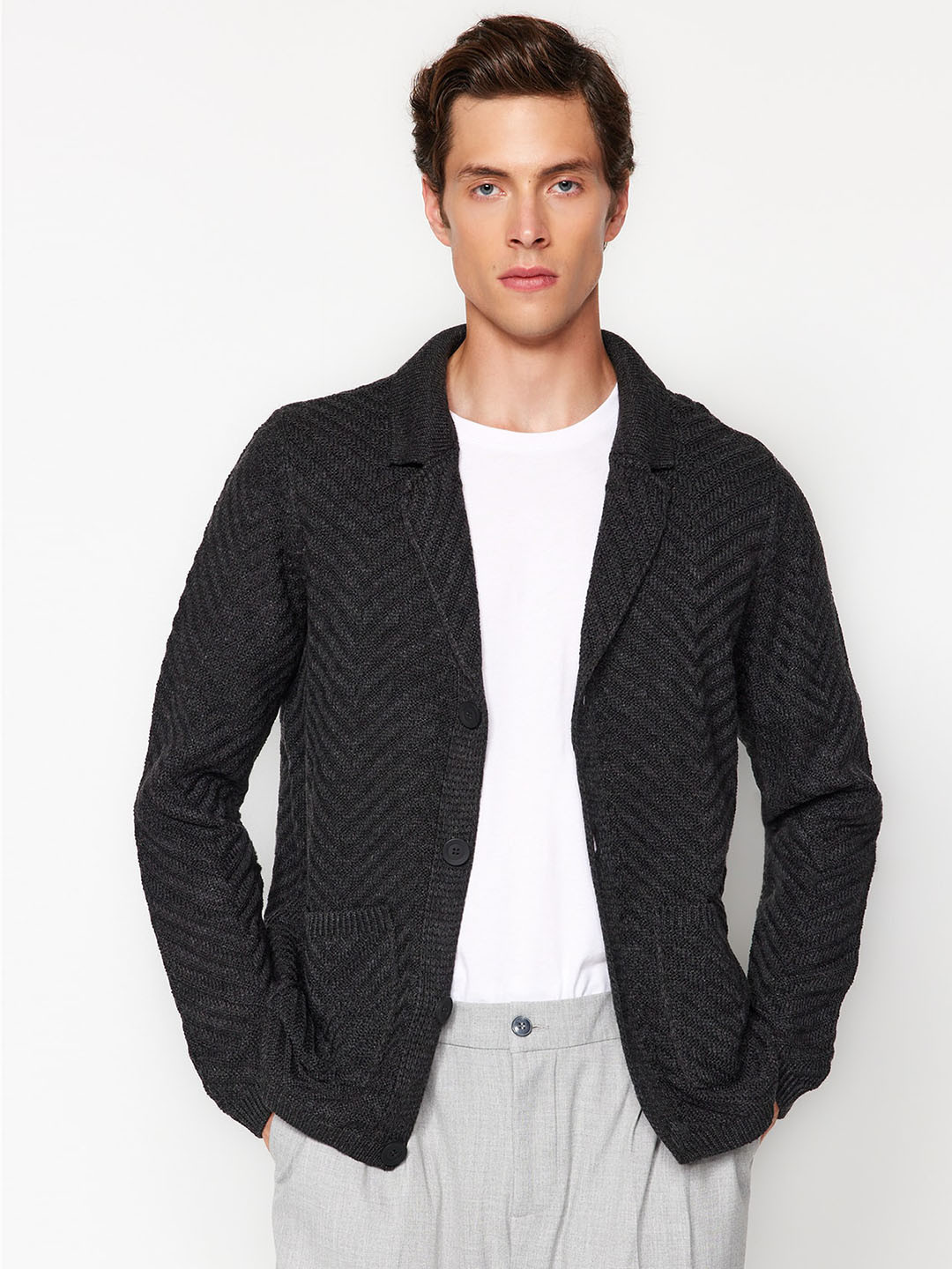 

Trendyol Cable Knit Lapel Collar Acrylic Cardigan, Black