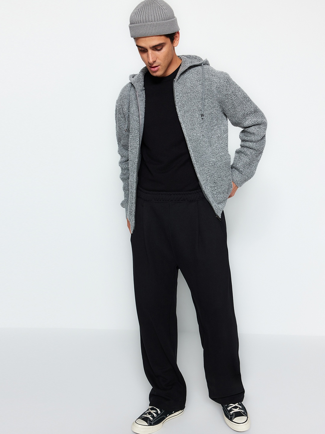 

Trendyol Self Design Hooded Front-Open Sweatshirt, Grey