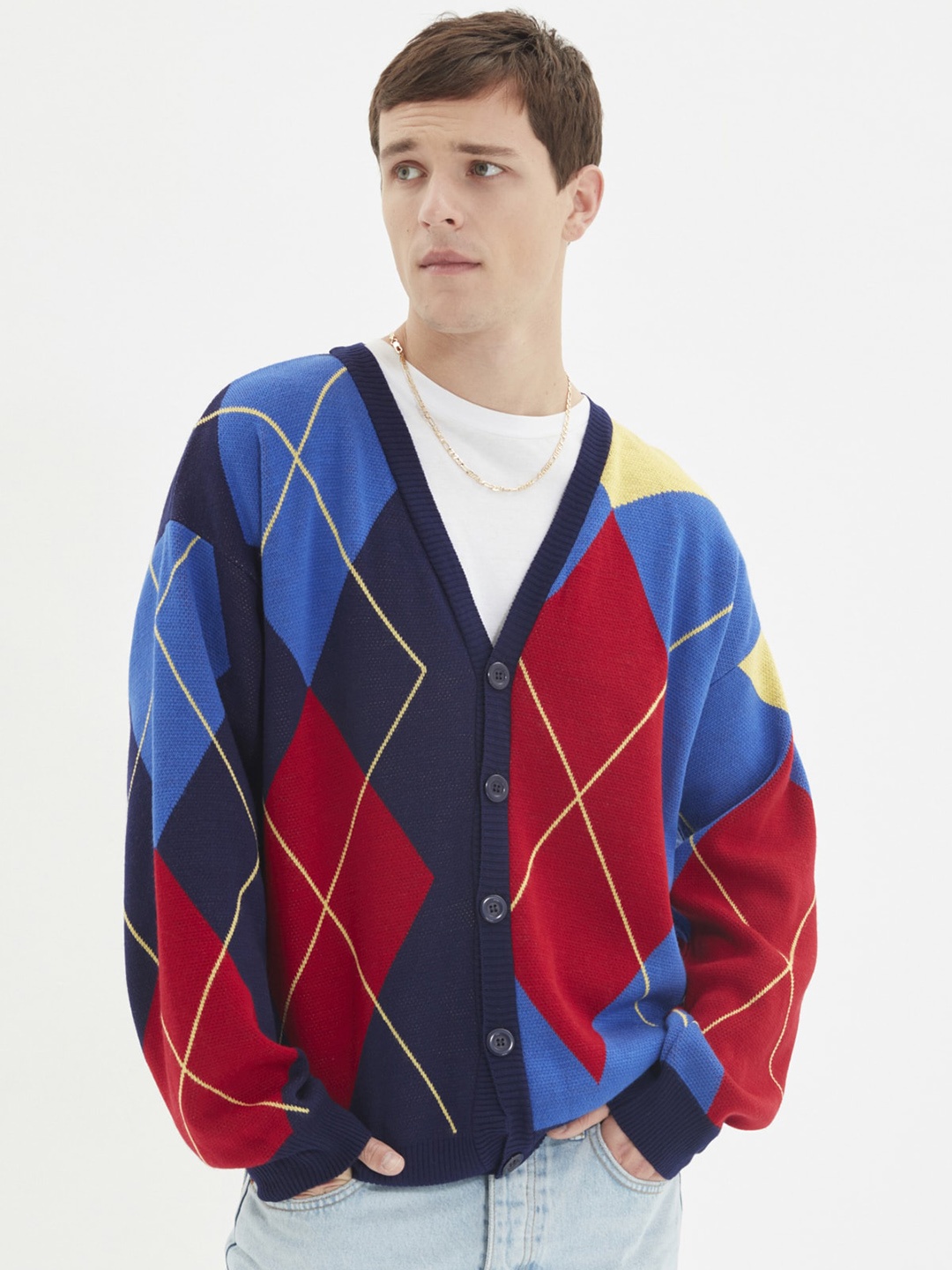 

Trendyol Colourblocked V-Neck Acrylic Cardigan, Blue