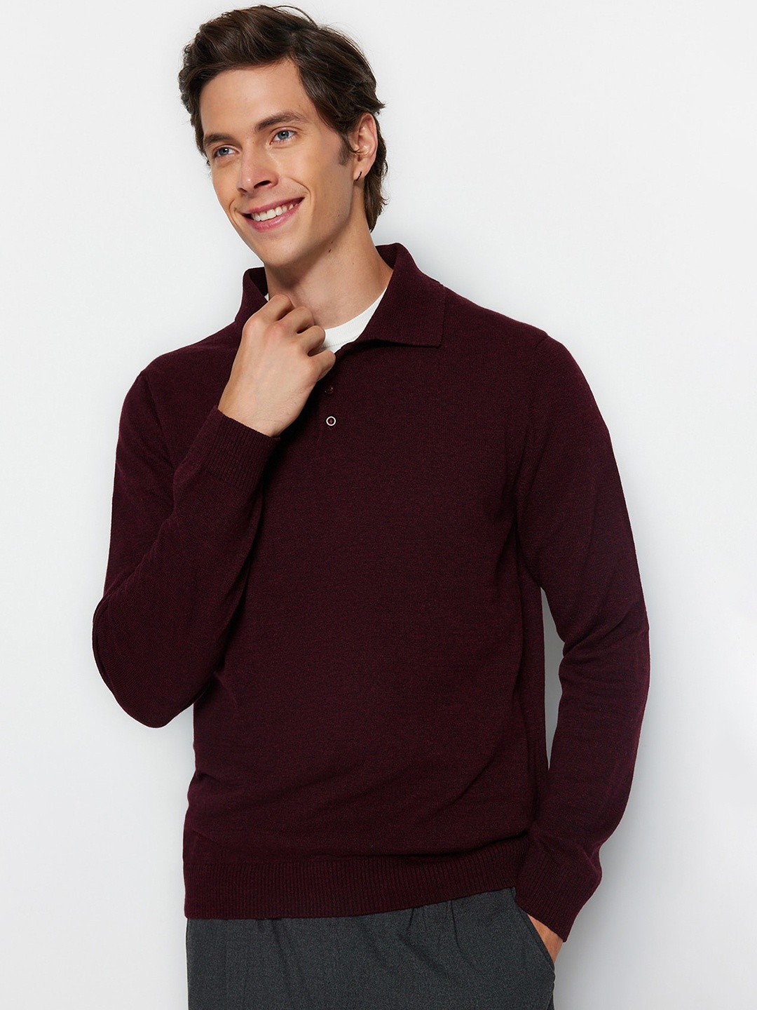 

Trendyol Polo Collar Acrylic Pullover, Burgundy