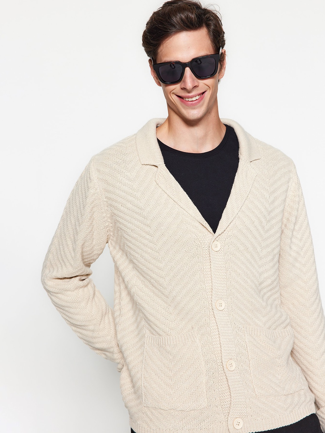 

Trendyol Self Design Cable Knit Lapel Collar Acrylic Cardigan Sweater, Beige