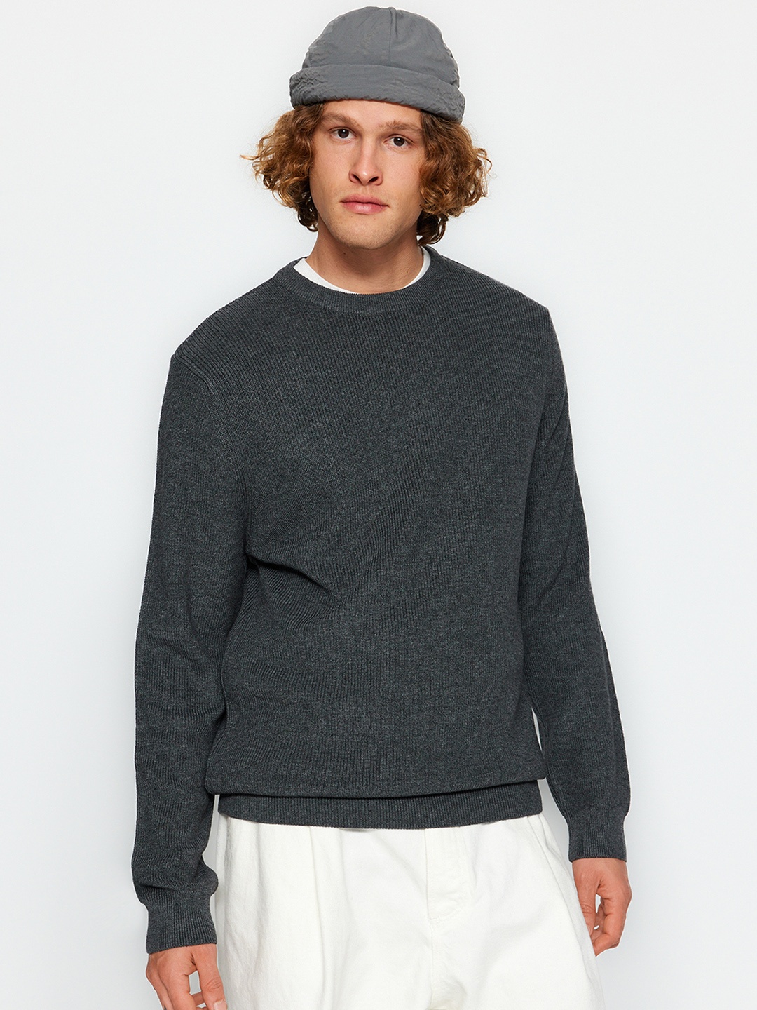 

Trendyol Round Neck Cotton & Acrylic Pullover, Grey