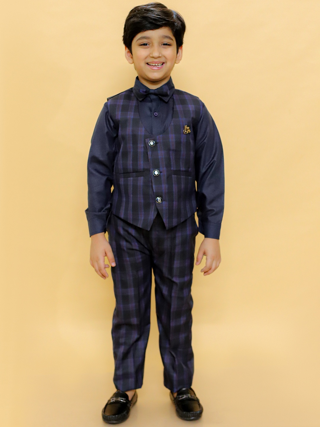 

BAESD Boys Checked V-Neck Single-Breasted 2-Piece Suit, Navy blue