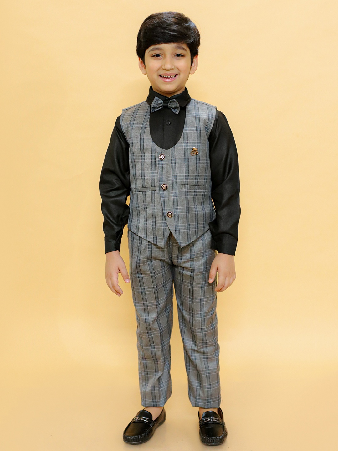 

BAESD Boys Checked Single-Breasted 3-Piece Suits, Grey