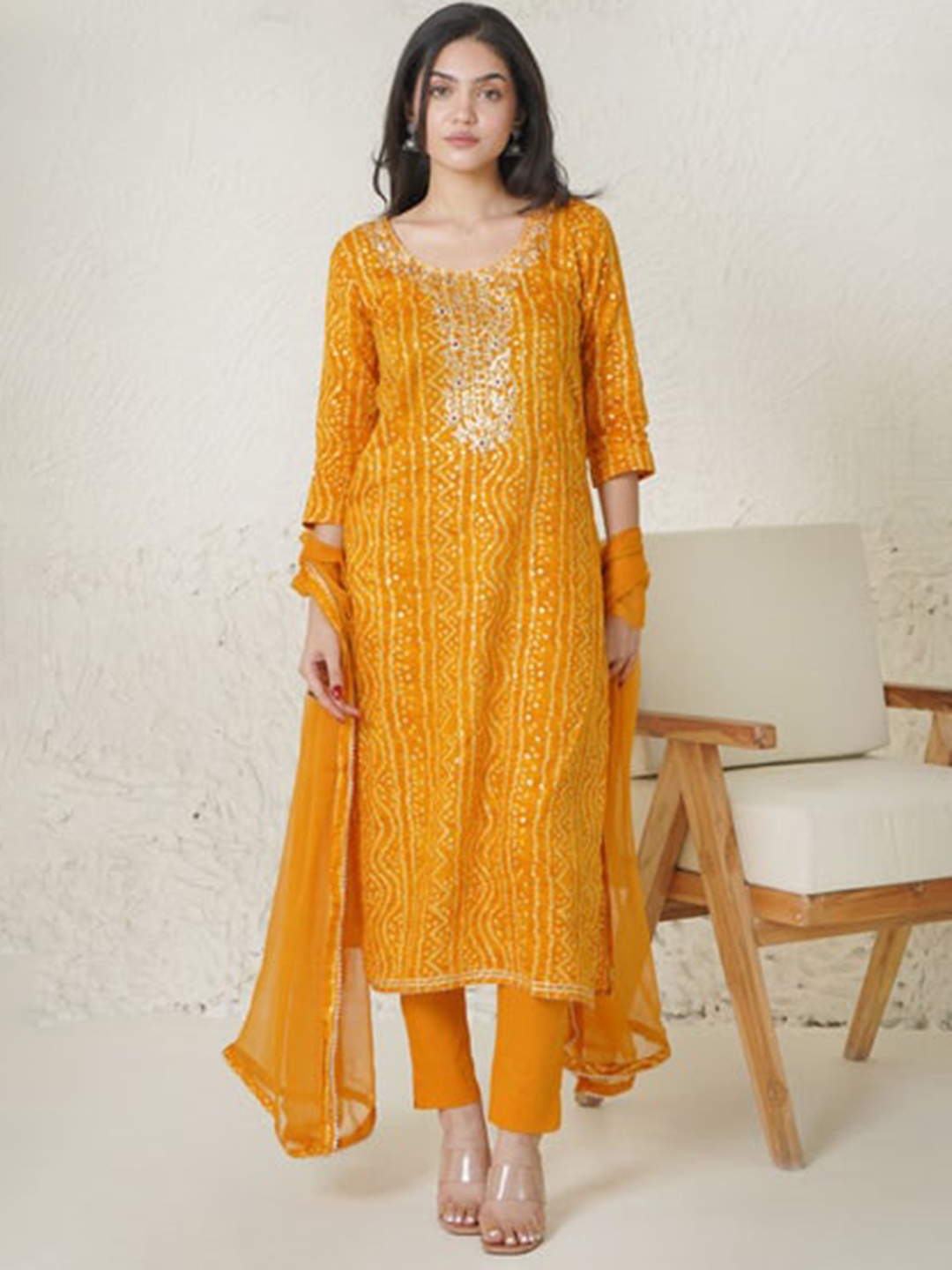 

KALINI Bandhani Printed Thread Work Kurta with Trousers & With Dupatta, Mustard