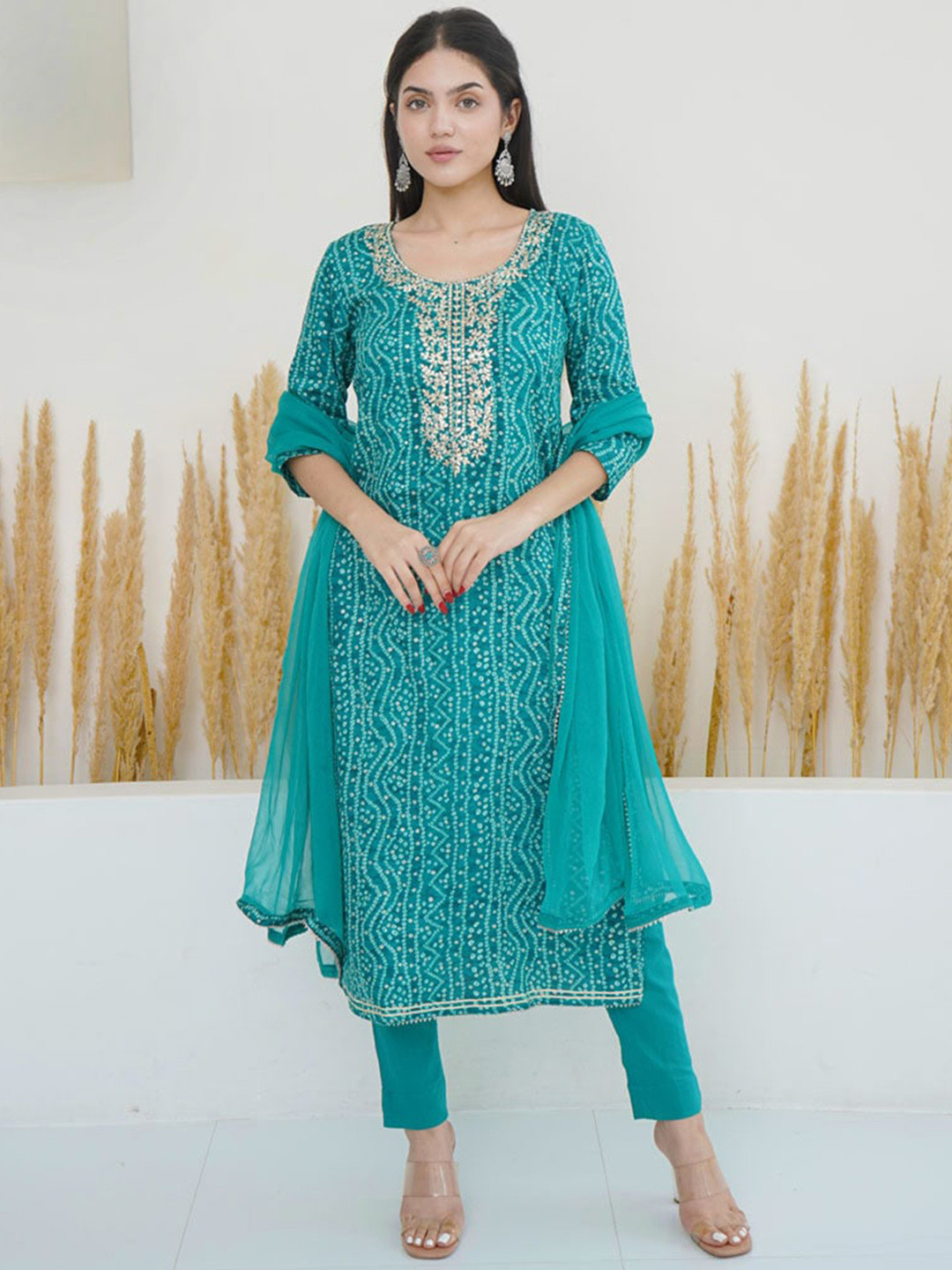 

KALINI Ethnic Motifs Embroidered A-Line Kurta With Trousers & Dupatta, Turquoise blue