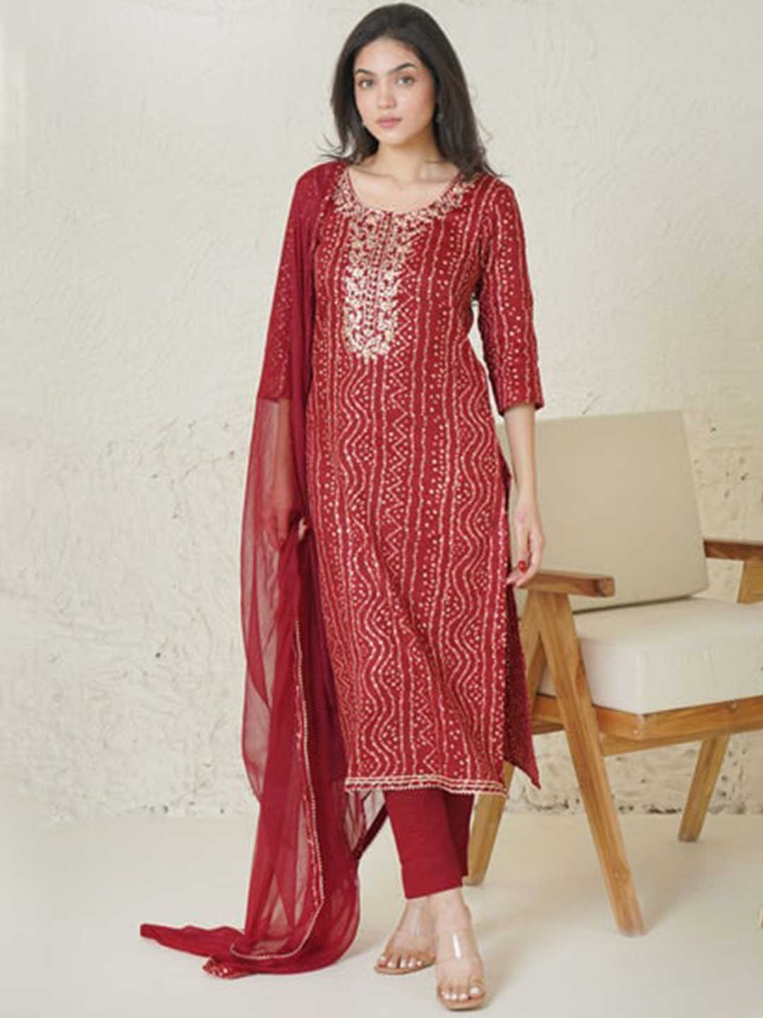 

KALINI Ethnic Motifs Printed Thread Work Kurta with Trousers & Dupatta, Maroon