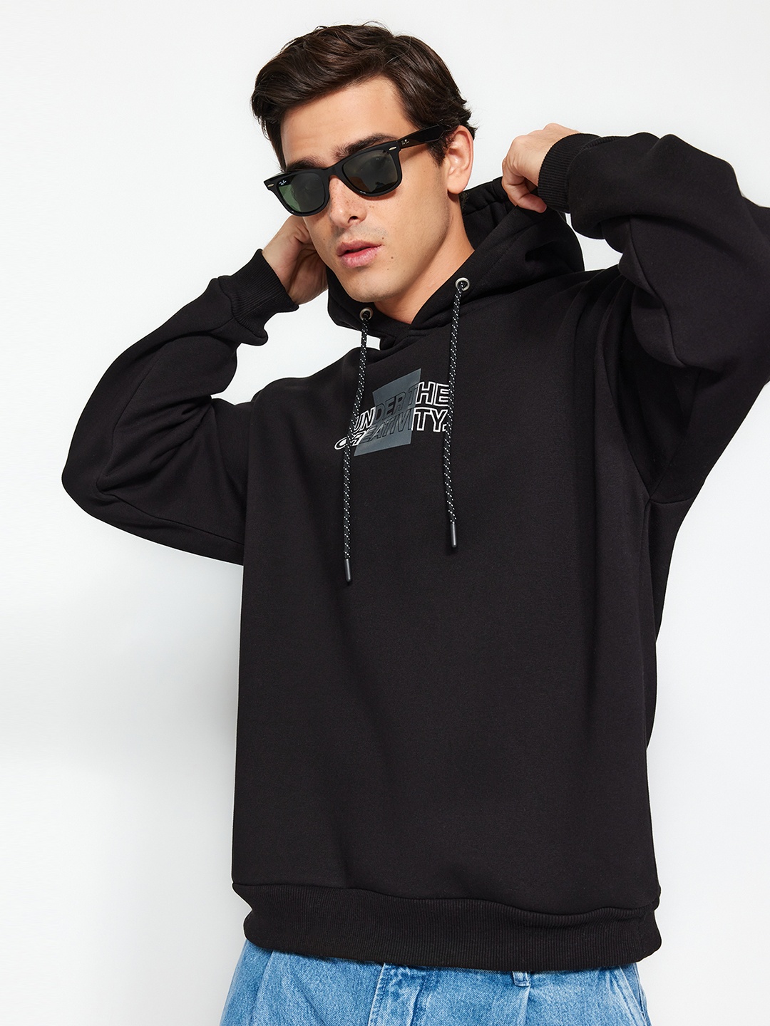 

Trendyol Typography Printed Hooded Pure Cotton Pullover Sweatshirt, Black