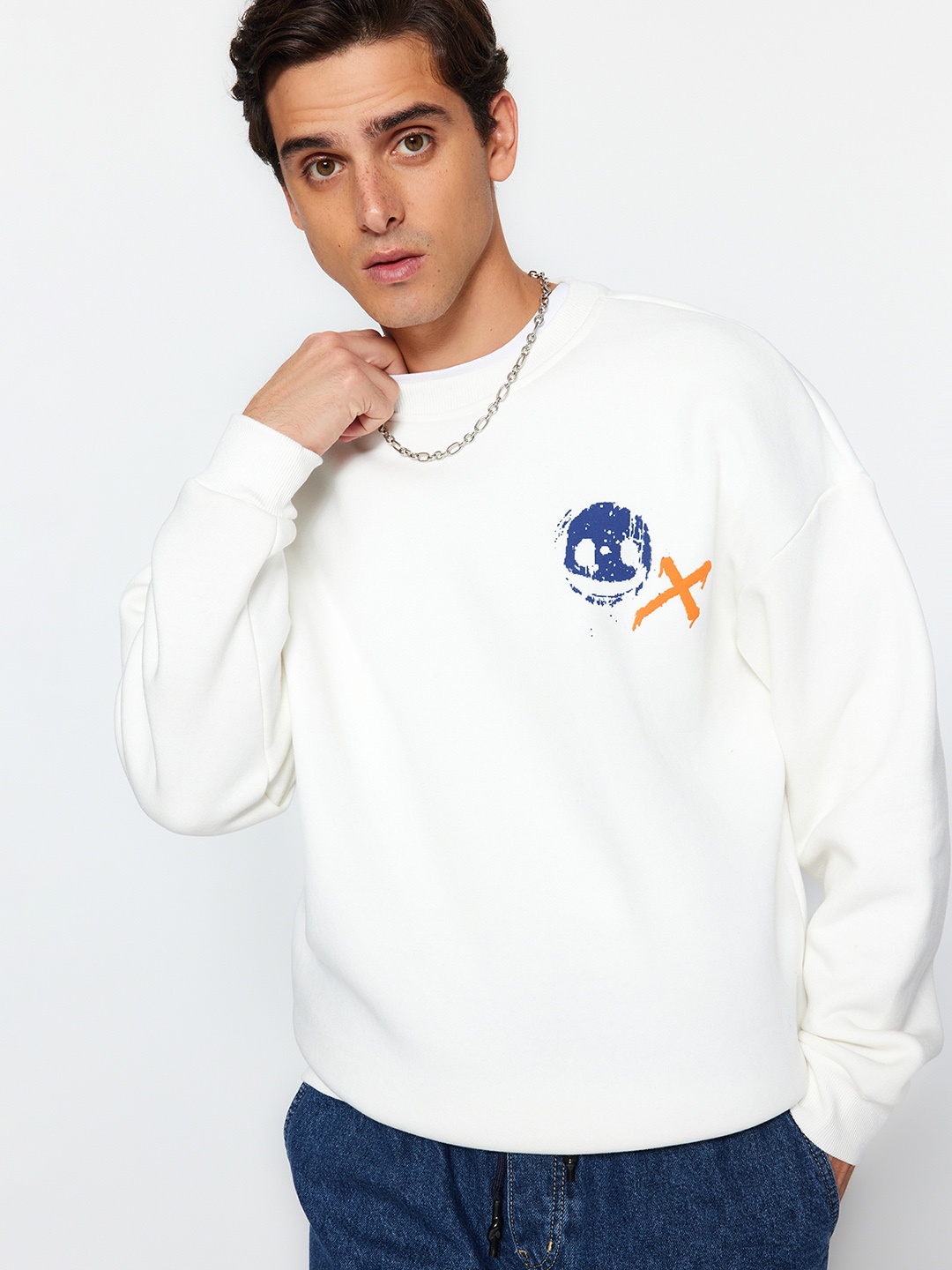 

Trendyol Typography Printed Round Neck Cotton Pullover Sweatshirt, White
