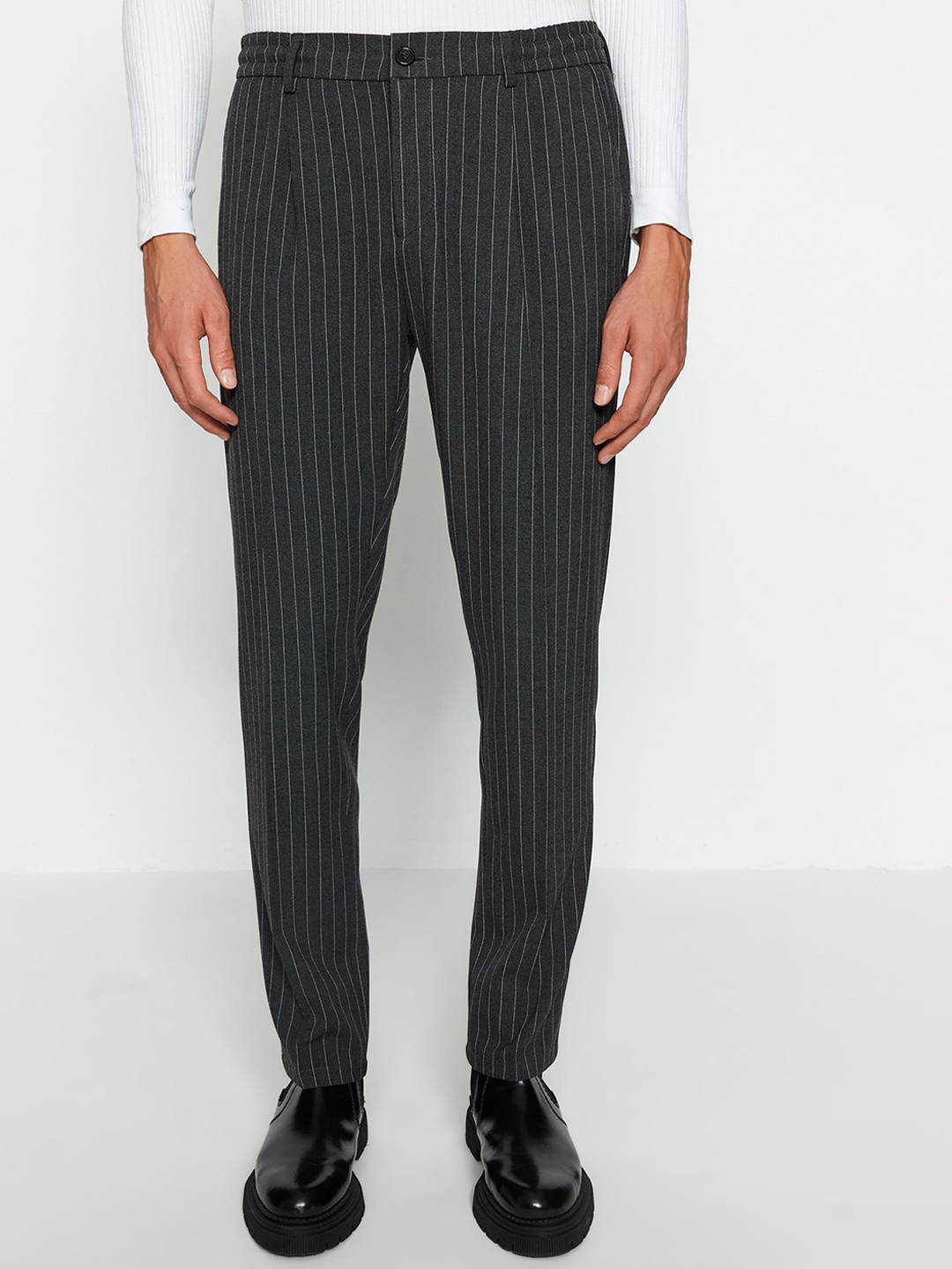 

Trendyol Men Mid-Rise Striped Formal Trouser, Black