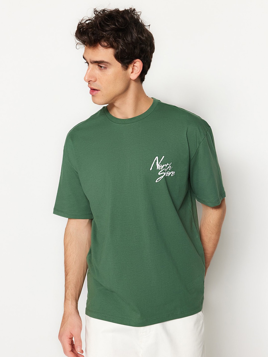 

Trendyol Drop-Shoulder Sleeves Pure Cotton T-shirts, Green