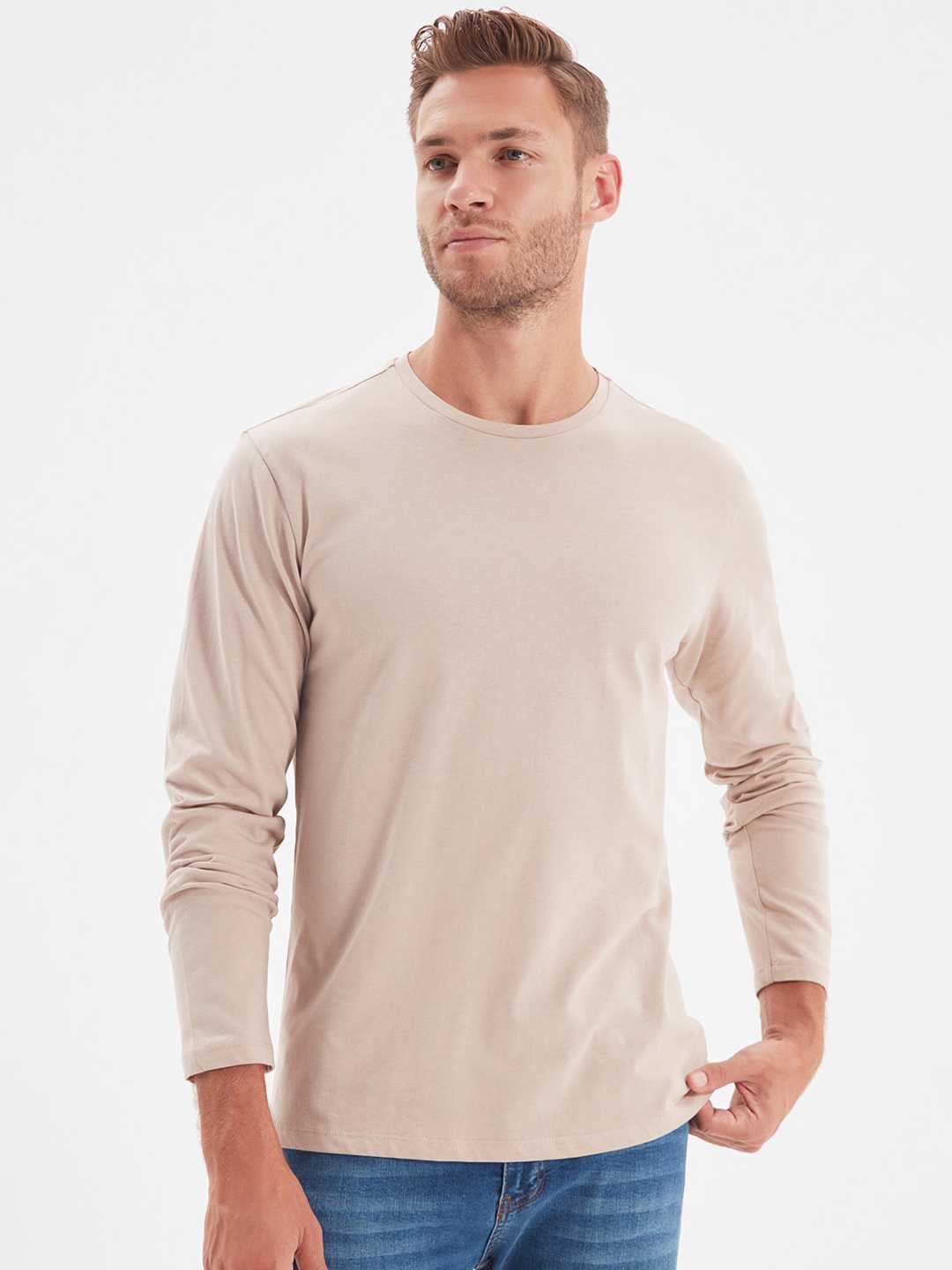 

Trendyol Round Neck Cotton T-shirt, Beige