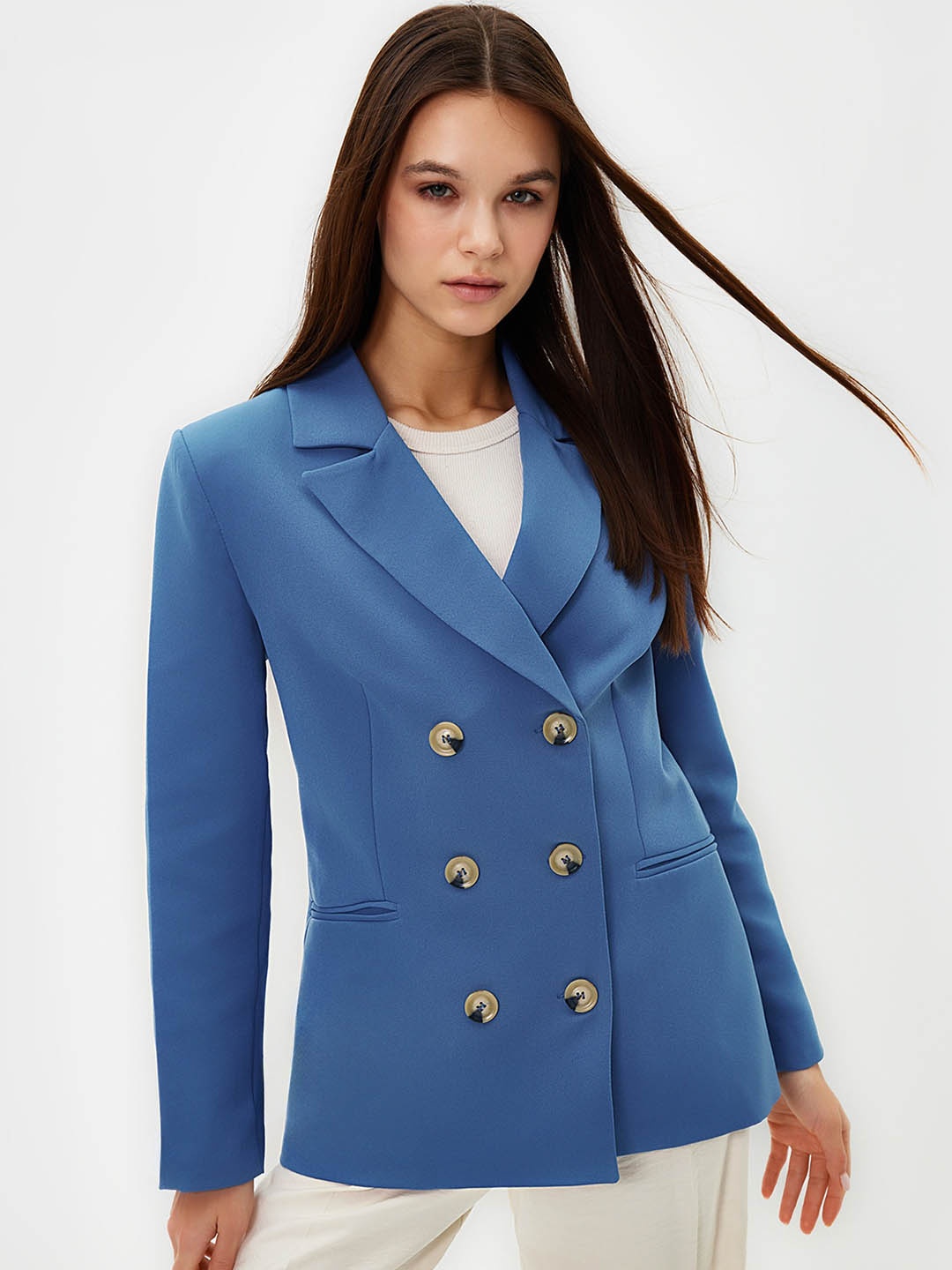 

Trendyol Notched Lapel Double-Breasted Blazer, Blue