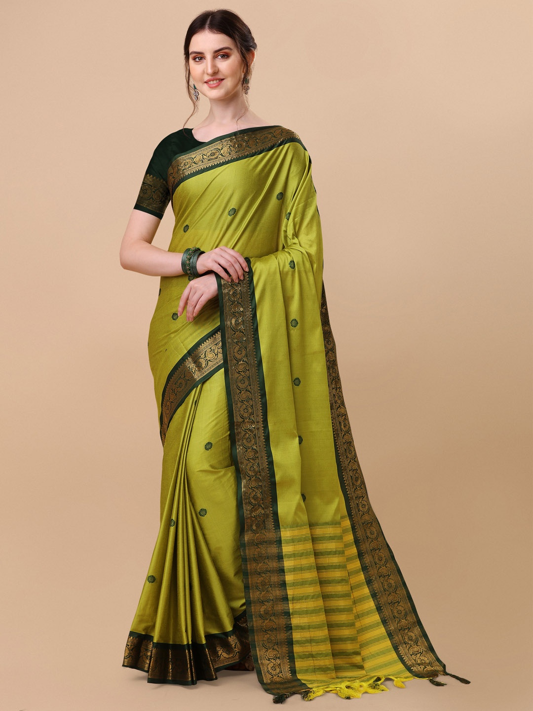 

SILKWEAR Woven Design Zari Silk Cotton Kanjeevaram Saree, Green