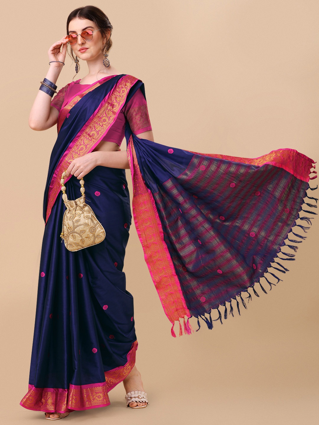 

SILKWEAR Woven Design Zari Silk Cotton Kanjeevaram Saree, Blue