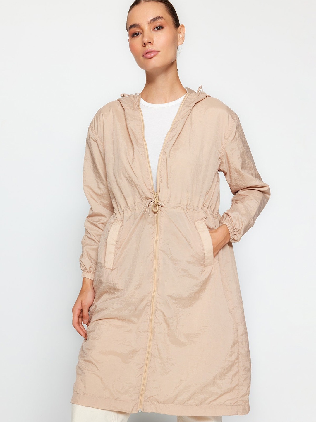 

Trendyol Self Design Hooded Front-Open Overcoat, Beige