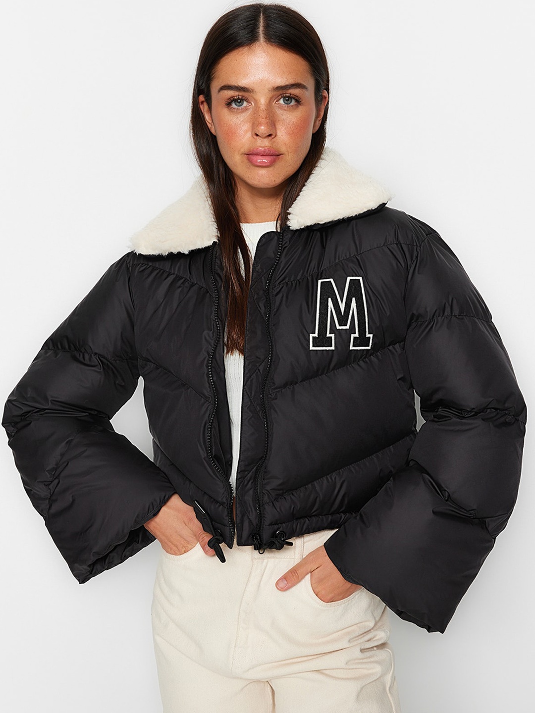 

Trendyol Typography Printed Faux Fur Trim Puffer Jacket, Black