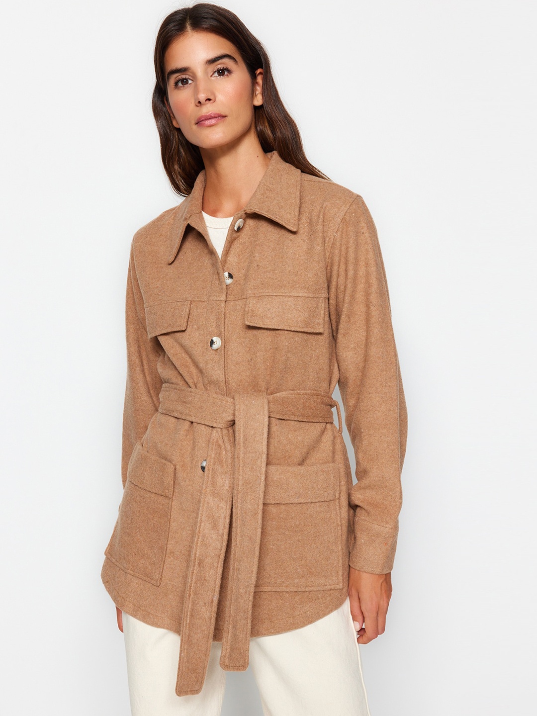 

Trendyol Spread Collar Single-Breasted Overcoat, Beige