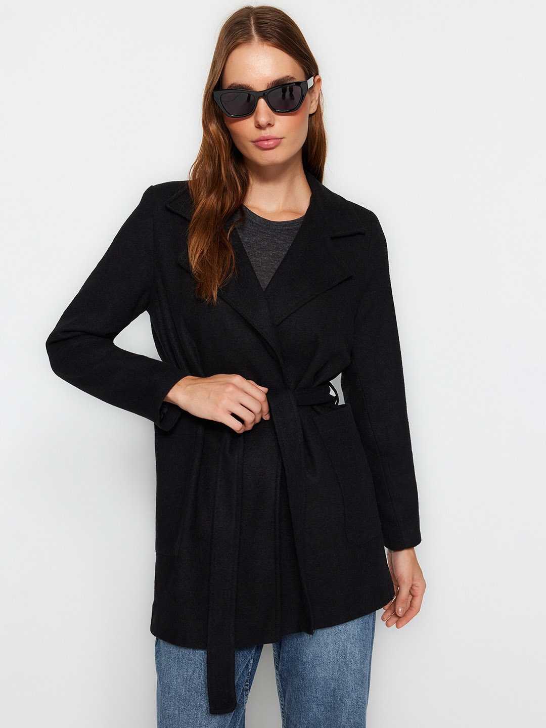 

Trendyol Notched Lapel Collar Hip Length Overcoat, Black