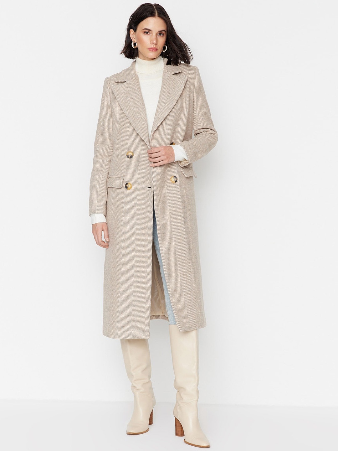 

Trendyol Double Breasted Notched Lapel Longline Overcoat, Beige