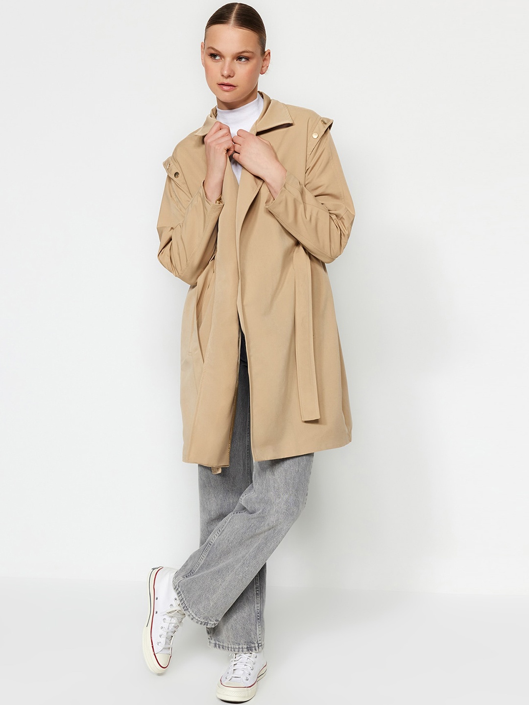 

Trendyol Single Breasted Longline Front-Open Trench Coat, Beige