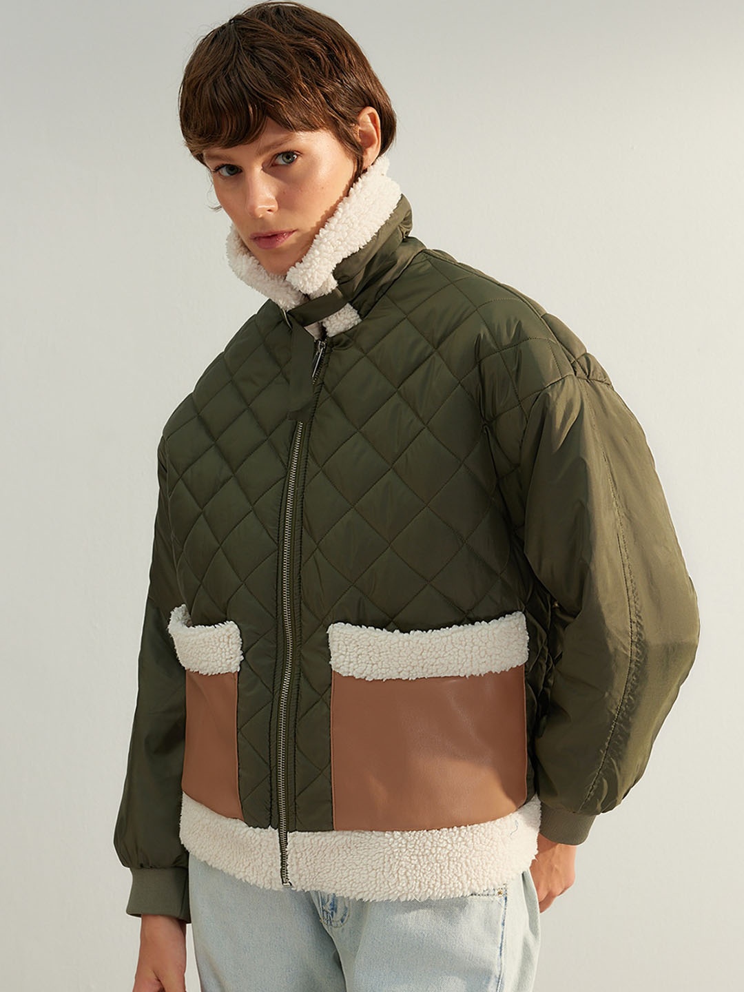 

Trendyol Colourblocked Mock Collar Faux Fur Trim Quilted Jacket, Olive