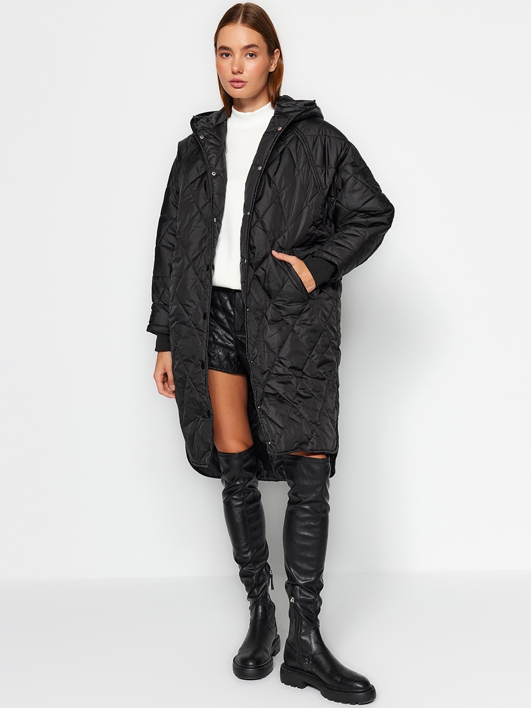 

Trendyol Self Design Knee Length Hooded Overcoat, Black