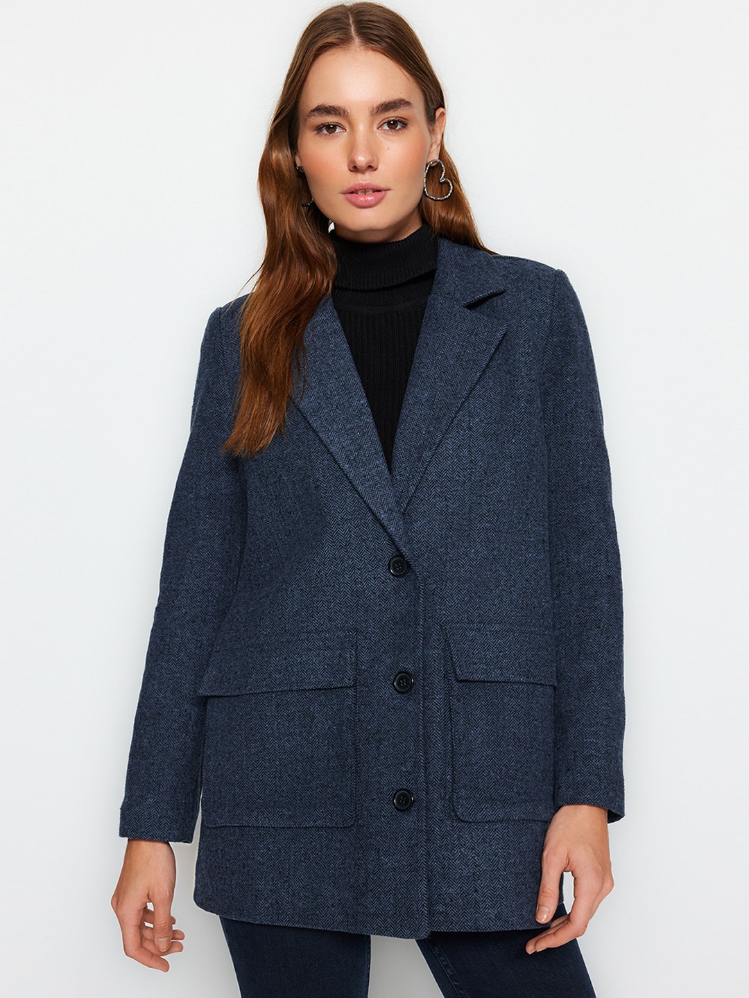 

Trendyol Single-Breasted Notched Lapel Collar Overcoat, Navy blue