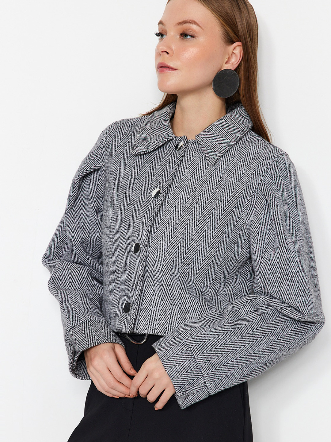 

Trendyol Striped Spread Collar Single-Breasted Crop Overcoat, Black